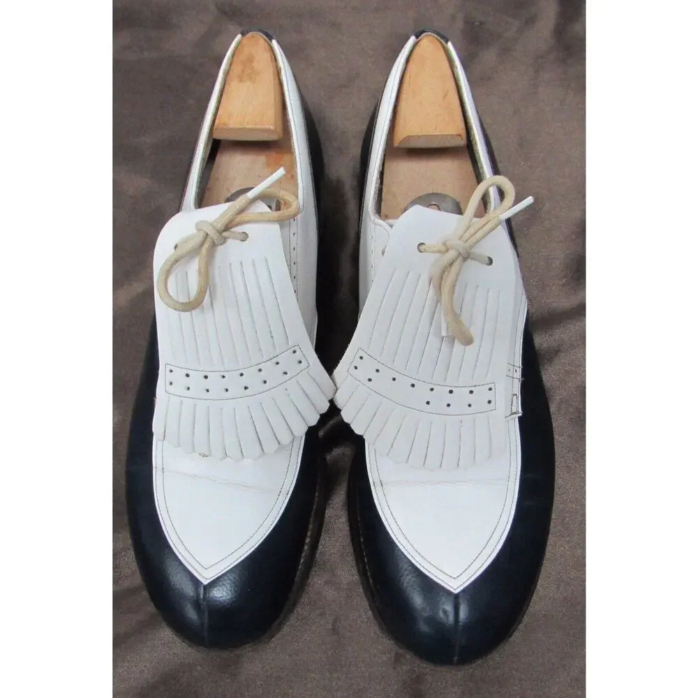 VINTAGE DUPONT CORFAM BLACK WHITE WINGTIP GOLF SHOES WITH CLEATS 6